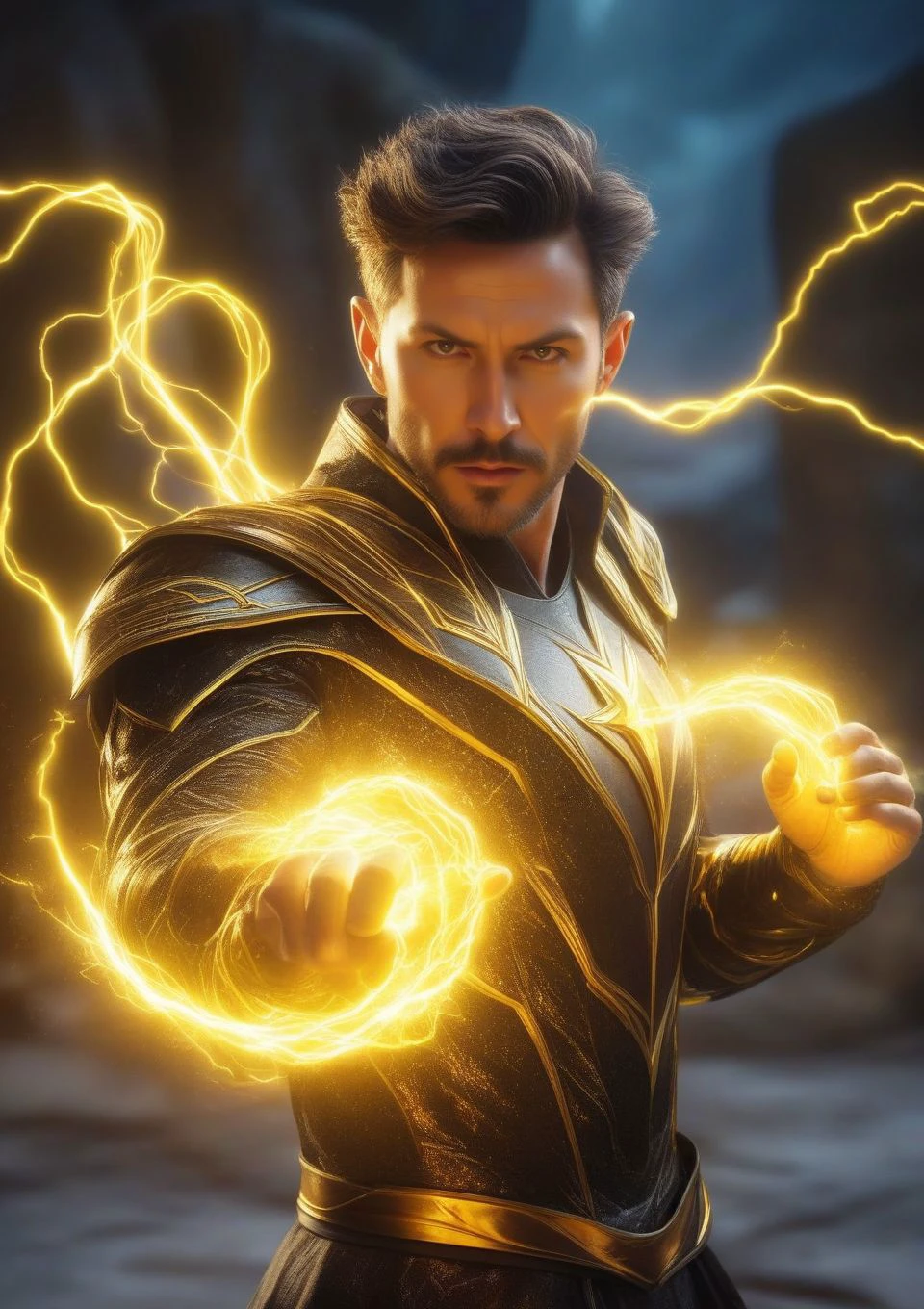 male , Midlife Athletic, Russian, Black eyes, Curled Ears, Short Nose, Toned Arms, , Black Undercut hair, Grief,, conjuring a blinding flash of light, dazzling opponents momentarily, Sorcerer, (circulation,precognition,chrome yellow Evolve,Arcanist ,Solar Flare,Curved lines,pigments Rotation,Liquid crystal,cuboid magic:1.0) Lightning Bolts , Engaging in alchemical experiments, transforming elements with magic, Glowstone