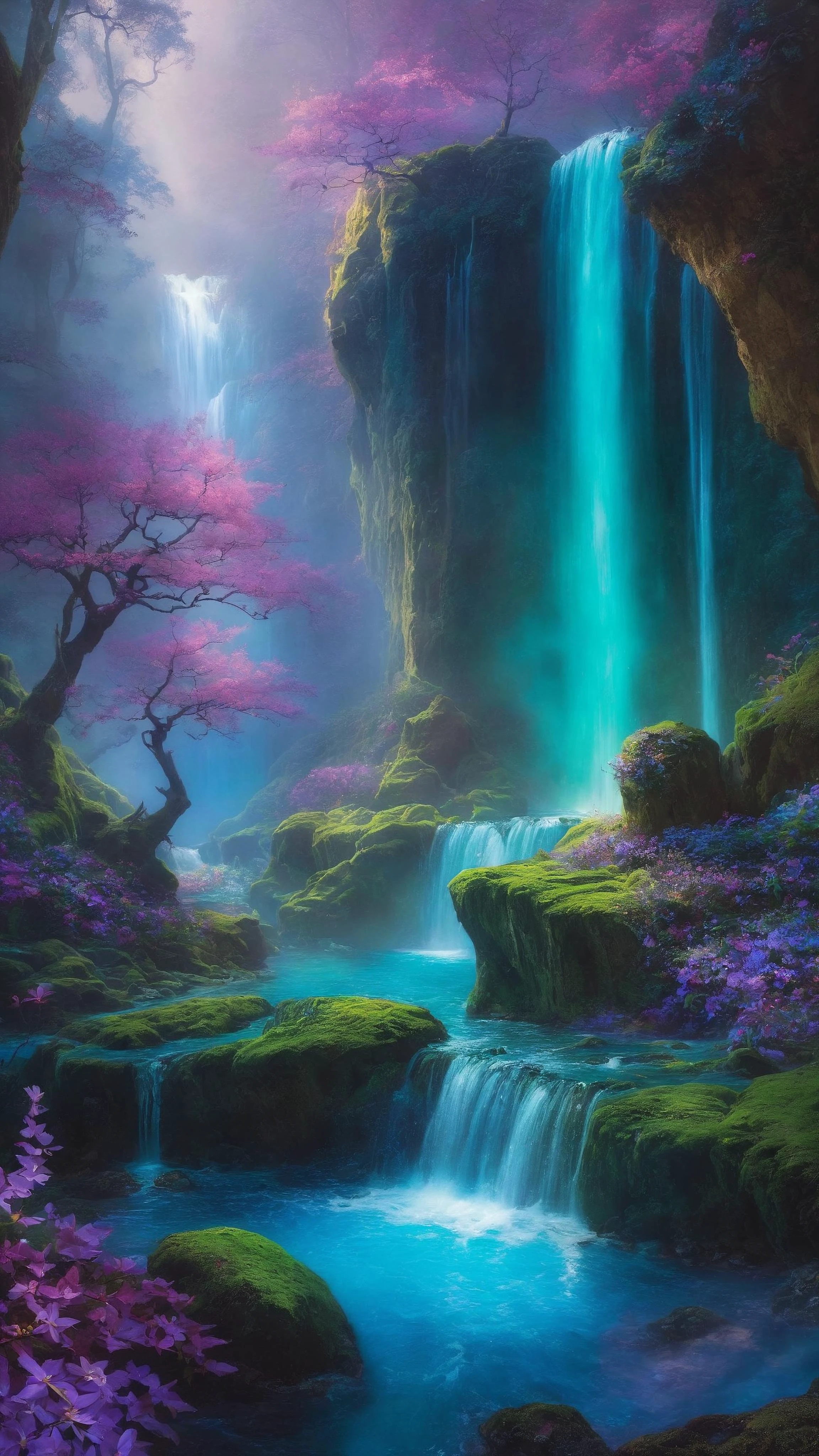 enchanted cavern, cascading waterfalls, luminescent water, glowing turquoise, ancient rocks, smooth eroded texture, moss-covered stones, vibrant purple foliage, blues, purples, blacks color palette, soft mystical lighting, tranquil atmosphere, magical realism, untouched nature, wonder, solitude, Thomas Kinkade light work, Roger Dean surreal landscapes, fantasy genre, serene oasis, hidden grotto, ethereal quality, otherworldly environment, mystical, tranquil, secluded, ancient, luminous, absurdres, high-sharp, ultra-highres, Sharp, 4K, perfect-resolution, best-quality, high-quality, high-resolution