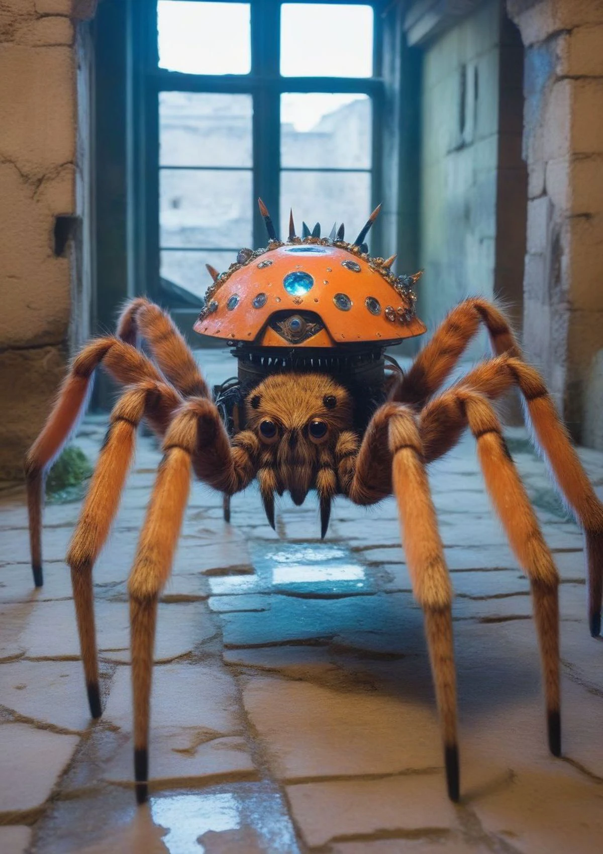 portrait of captivated look Mechanical Spider spine-chilling stare, wearing cobalt, peach, periwinkle, ghoulish claws, in howling winds through an abandoned house ancient coliseum with gladiatorial combat, punctured veins, damp coldness, spine-chilling silence jeweled box