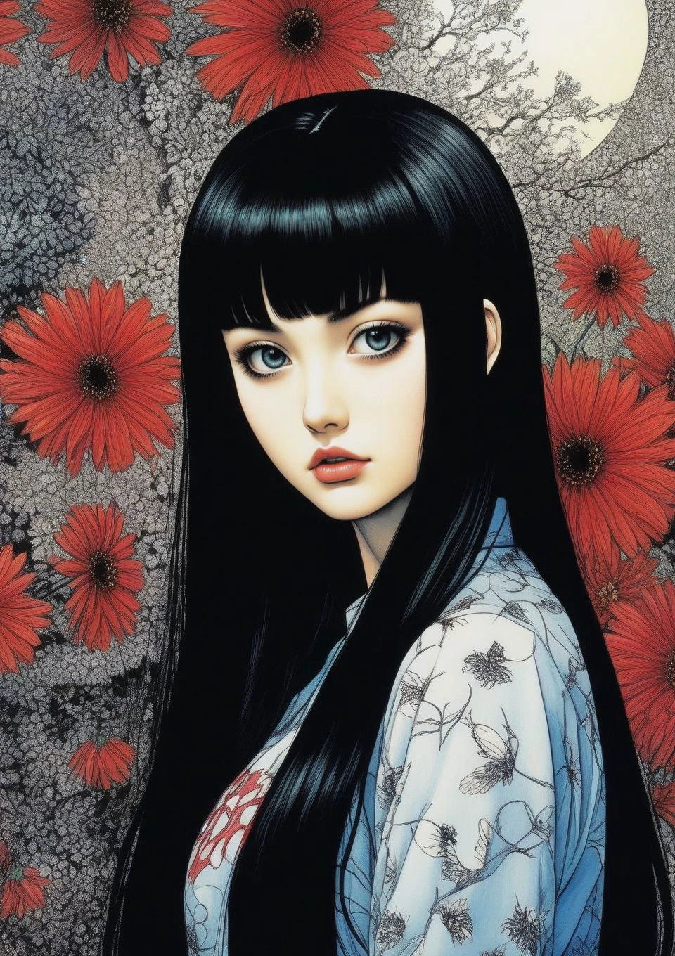 junji ito style, Tomie, beautiful,1girl,hd,ultra detailed,black hair