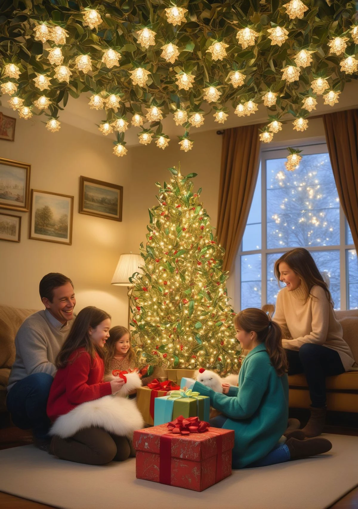 winter wonderland, mistletoe, , cozy and comforting,uplifting and spirited, tiffany lamps, joyful scenes of families opening presents