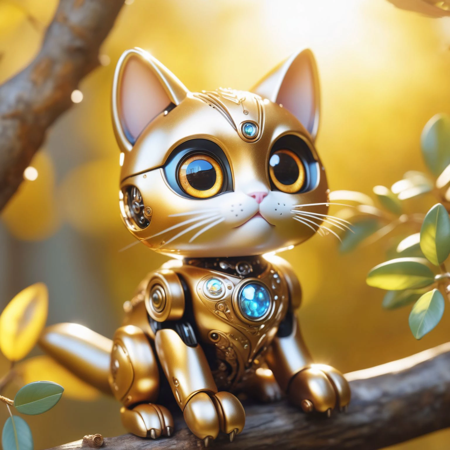 a cute little robot cat shining in the sun looking at the bird in the tree with its big eyes, golden mottled metallic skin, ultra realistic, elaborate, phptprealistic, 8k, insanely detailed, sharp focus, masterpiece, analog style, realism, photorealistic