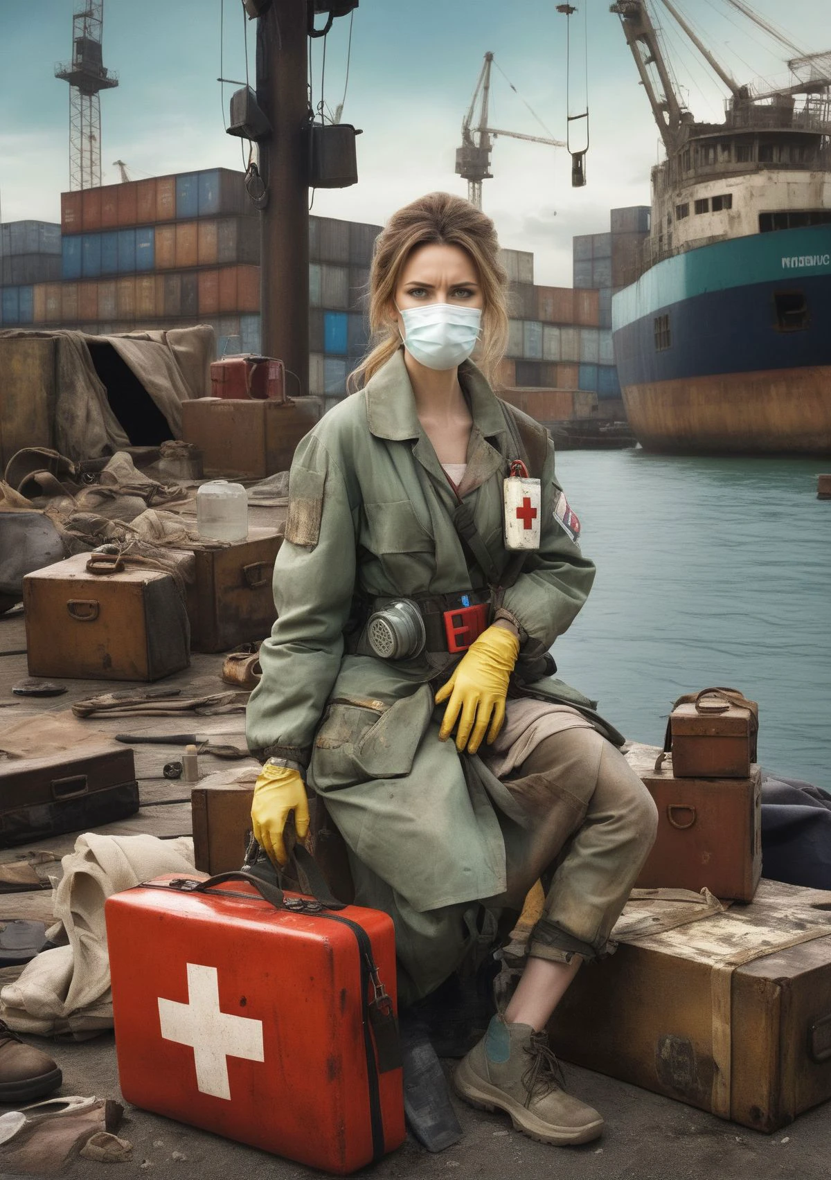 a woman, Post-apocalyptic, shabby Medic's Attire: Medical bag, rubber gloves, surgical mask, comfortable shoes, scrubs., With a First Aid Kit, on a post-apocalyptic harbor, rotting docks, rusting ships, broken warehouse crates, immobile crane., photo art by David Bailey