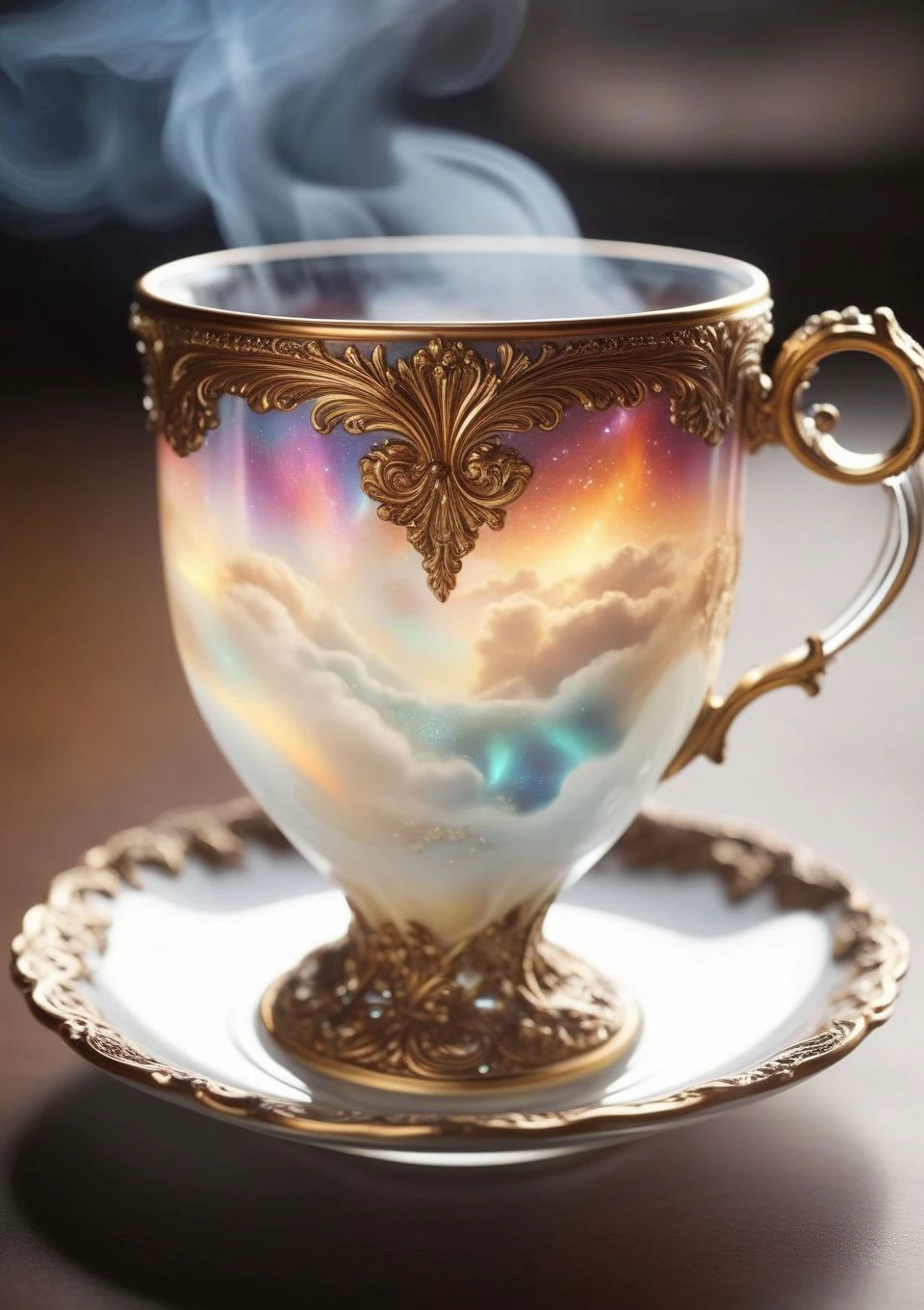 Aurorastyle, an ornate transparent cup of coffee, ornate mug, beautiful, elegant, detailed, macro, up close, the heavens fill the cup, aurora steam