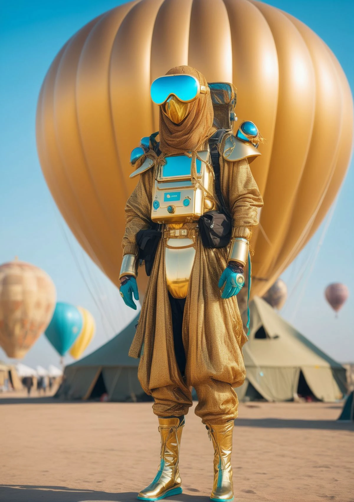 portrait of a Illustrious Futuristic Nomad wearing Gold Ghillie Suit and Terracotta, Aqua Interactive Footwear, Alchemist's Tools,Artificial Intelligence Government, Bank, Outer Space Outpost, Hot Air Balloon