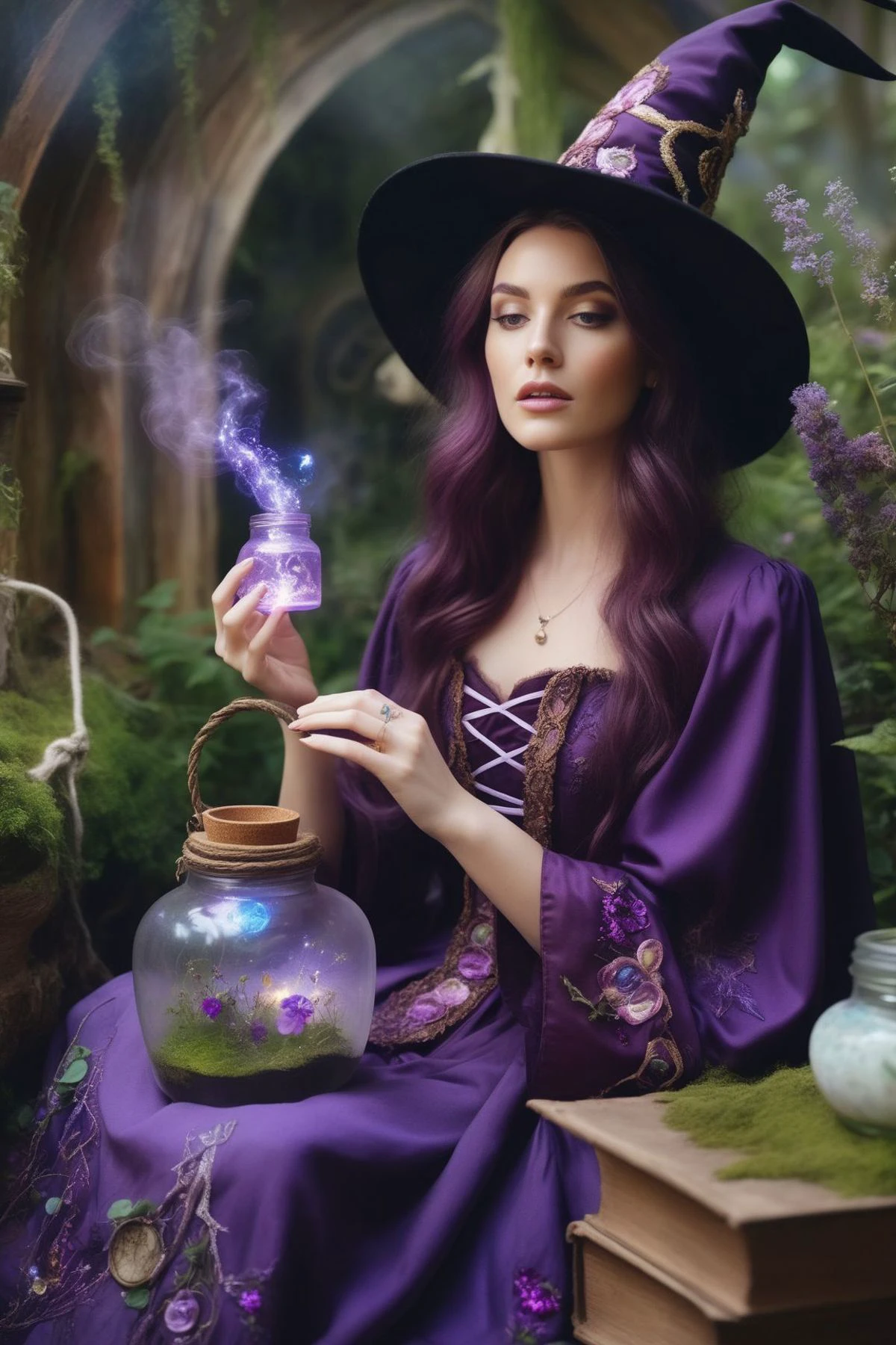 portrait of distracted daydream witch with mystical powers captivating enchantment, wearing Victorian Violet, wizard embroidered robes, in enchanted garden ghostly shipwreck, torn flesh, rhythmic heartbeat sound, ethereal aura soul-bound jar