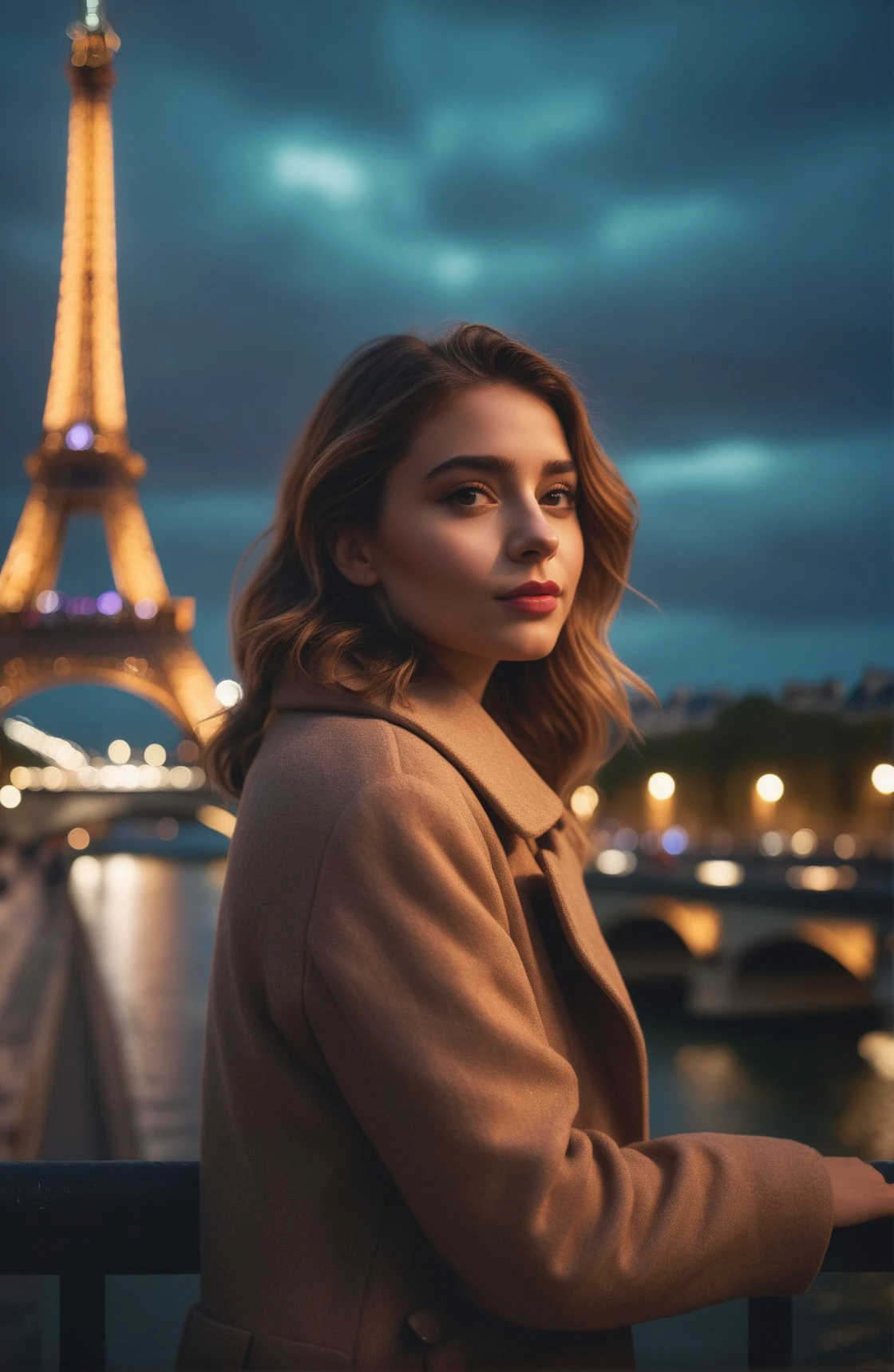 1girl, beautiful, paris, eiffel, night, masterpiece, best quality, high resolution, 8k, sharp focus, cinematography, cinematic lighting, movie scene, muted colors, professional, depth of field, photorealistic, magnificent, maximum details, (RAW, dslr, hdr, highest quality), smooth, roughness, hyper realistic, film grain, bokeh, epic, dramatic