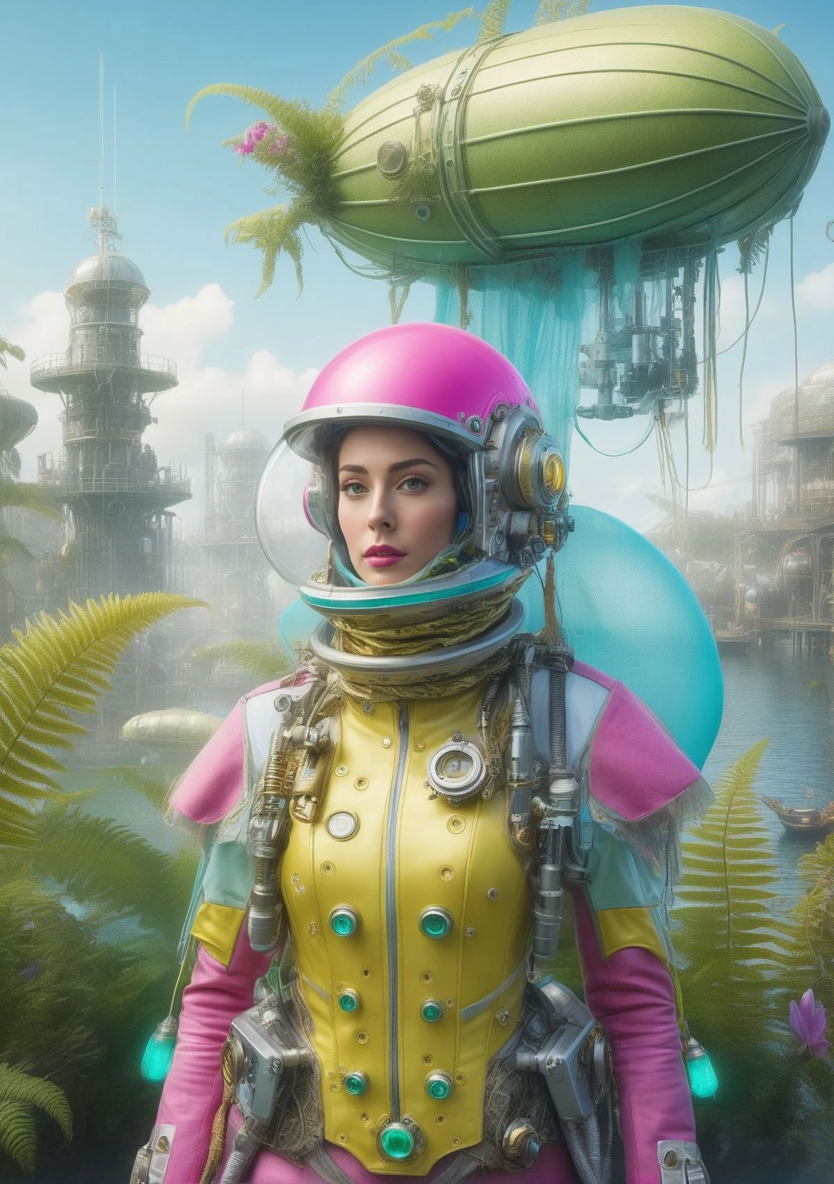 portrait of a Mechanical Colonial Explorer wearing Lemon, Sky Blue Veil and emerald, fern, fuchsia Exoskeleton Suit, Rifles,Cryogenic Sleep Pods, Artisan Workshop, Underwater City, Hydrogen-Powered Zeppelin
