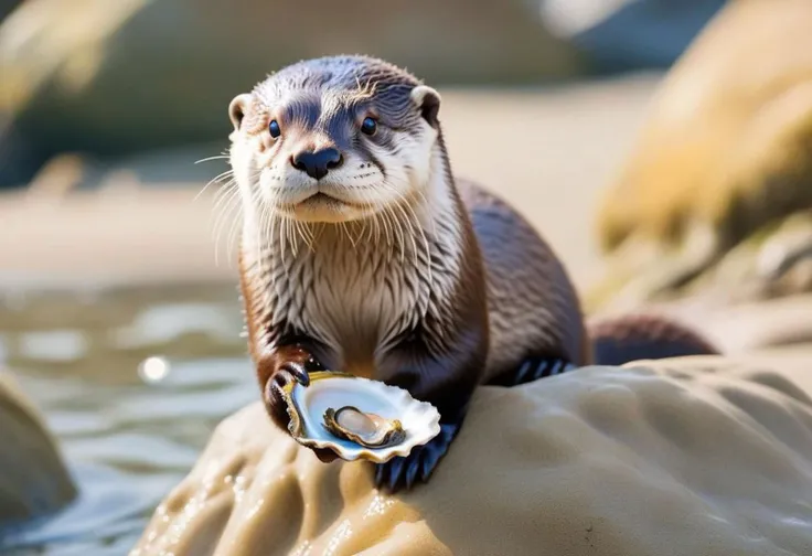 masterpiece, best quality, ((a cute otter offering viewer an oyster)), detailed background, ocean, beach, detailed fur