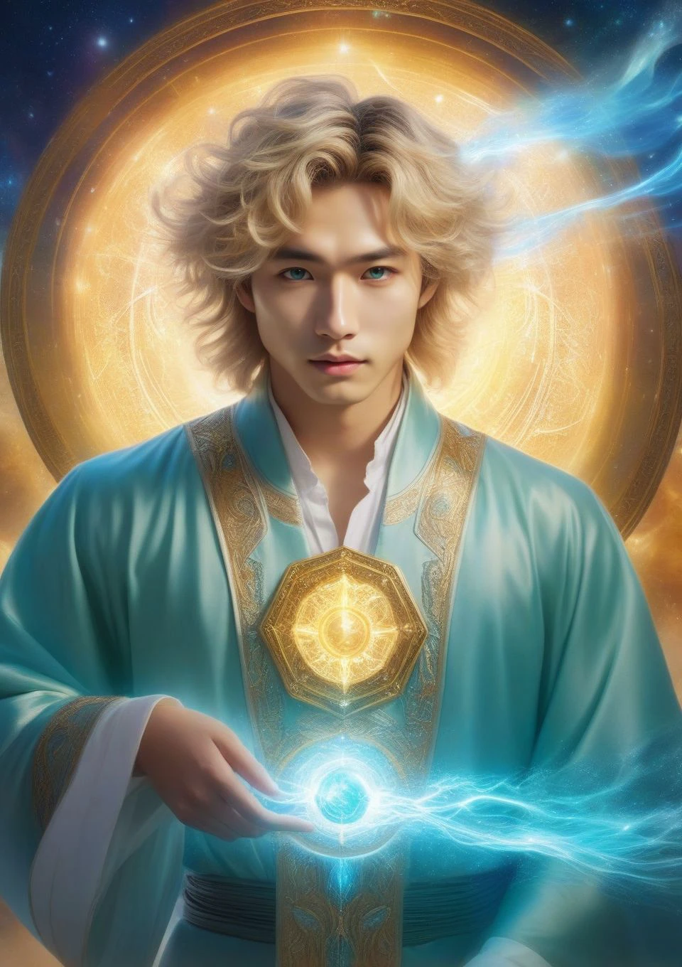 male angel, radiant aura, heavenly grace, harbingers of good news, guardians of the divine realm, symbolize purity and innocence, emanate ethereal light, fantasy, Legal age Fit, East Asian, turquoise eyes, dorsal hump nose, Dimples, golden blonde messy hair hair, Disappointment, Collecting moonlight in a crystal, capturing its mystical essence, wearing Magician's Pants, Enchantment,Prophecy and Mystic Ember and Illustrious,Captivating and Fey-forged Metal,Bronze Sorcerer's Robe , , , Hypnotize (Flowing,Fantastical,Bewildering,Illuminating,bose-einstein condensate,Code Synchronicity,Pyramid,Electric current,octagon magic:1.3), unleashing a powerful elemental blast, harnessing the forces of nature, halo