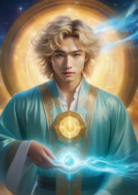 male angel, radiant aura, heavenly grace, harbingers of good news, guardians of the divine realm, symbolize purity and innocence, emanate ethereal light, fantasy, Legal age Fit, East Asian, turquoise eyes, dorsal hump nose, Dimples, golden blonde messy hair hair, Disappointment, Collecting moonlight in a crystal, capturing its mystical essence, wearing Magician's Pants, Enchantment,Prophecy and Mystic Ember and Illustrious,Captivating and Fey-forged Metal,Bronze Sorcerer's Robe , , , Hypnotize (Flowing,Fantastical,Bewildering,Illuminating,bose-einstein condensate,Code Synchronicity,Pyramid,Electric current,octagon magic:1.3), unleashing a powerful elemental blast, harnessing the forces of nature, halo