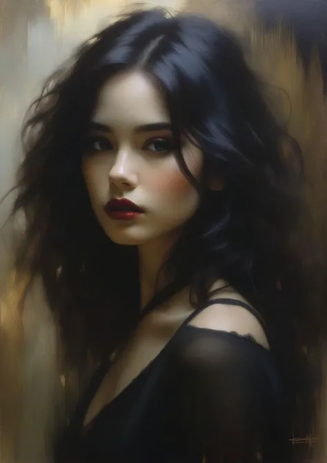 In Casey Baugh's evocative style, a Gothic girl emerges from the depths of darkness, her essence a captivating blend of mystery and allure. With piercing eyes and flowing ebony hair, she exudes an enigmatic presence that draws viewers into her world. Baugh's brushwork infuses the painting with a unique combination of realism and abstraction, highlighting the girl's delicate features and contrasting them against a backdrop of deep, rich hues. The interplay of light and shadow adds depth and dimension to the artwork, creating a hauntingly beautiful portrayal of this Gothic muse. Baugh's distinctive style captures the essence of the girl's enigmatic nature, inviting viewers to explore the depths of her soul