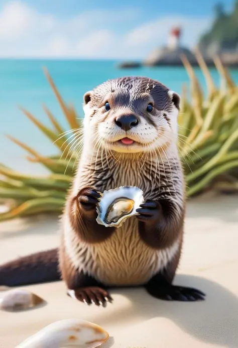 masterpiece, best quality, ((a cute otter offering viewer an oyster)), detailed background, ocean, beach, detailed fur
