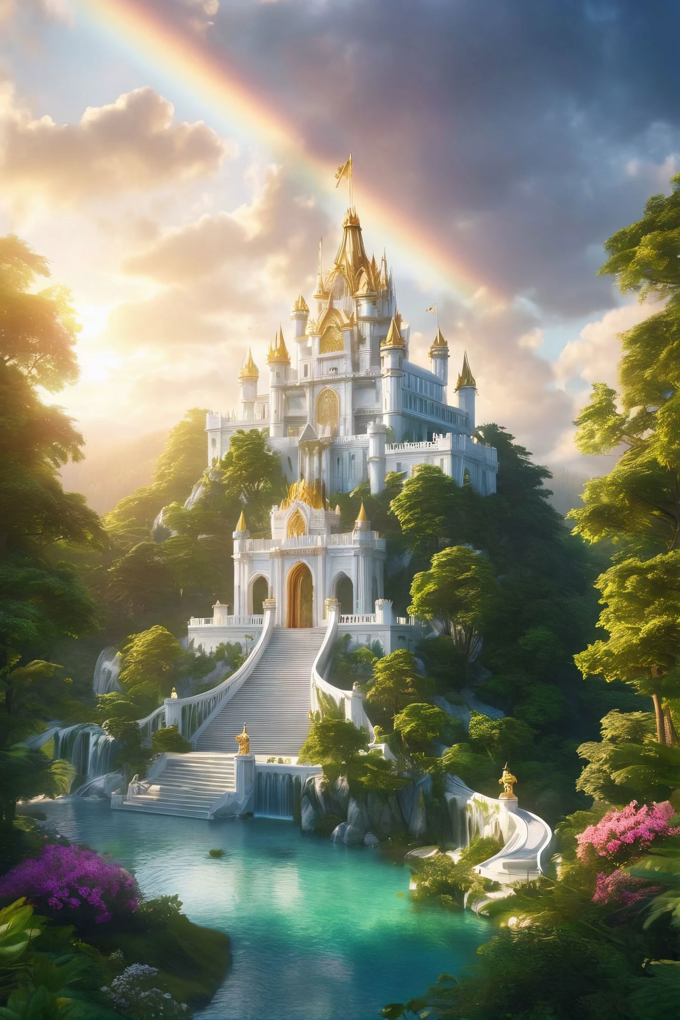 An hyperralistic photo of a futuristic castle made from white marble with an ornate gold crown in the middle and surrounded by lush forest, beautiful dramatic lighting with god rays."A painting at twilight on the mountain side trending on Artstation. 8k HD wallpaper illustration, good lighting, beautiful flowers, epic, masterpiece, detailed. vivid colors, high quality resolution. rendered <lora:more_details:1>