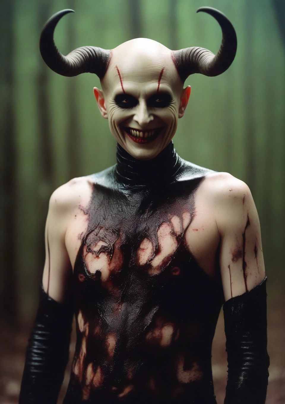 old film, damaged film, Oil painting, Fark age, film still of full body translucent sinister being, very pale, black eyes, bald with a macabre smile, shallow depth of field, highly detailed, high budget, bokeh, cinemascope, moody, epic, gorgeous, film grain, grainy, morbid, demonic, devil, horns, pale, worms under skin, disfigured, skin melting, torture, missing eyes, faceless