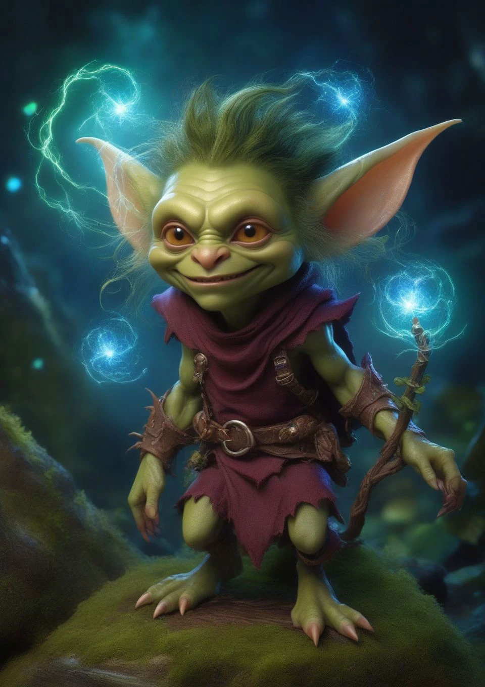 male Goblin,imaginative and mischievous goblin character with a hunched posture, glowing beady eyes, and a malevolent grin. Use earthy green and brown tones for its mottled skin, and add small, stubby horns on its sloping forehead, scraggly moss-like hair,sharp jagged teeth in its wide mouth, goblin should be small in stature, around 2 to 3 feet tall, fantasy, Middle-aged Well-defined, Indigenous Australian, Violet eyes, Split Ears, V-Shaped Chin, Sculpted Cheekbones, , caramel Long and straight hair, Insecurity,, Huddled in a circle with other magical beings, pooling their powers, Enchanter, (Colloids,ivory Translation,electric current,Burgundy,ultramarine blue mystifying,magician,witchcraft ,dodecahedron,Stellar phenomena,mandelbrot set,circle,intersecting liness,curved lines magic:1.0) Alchemy , Observing the dance of magical fireflies, learning from their luminescence, Faerie Lights