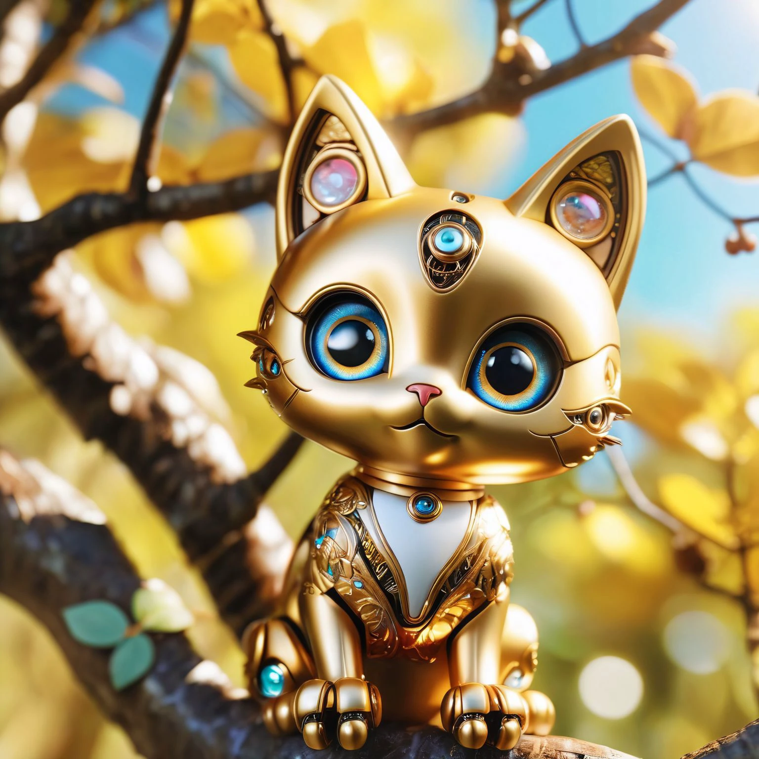 a cute little robot cat shining in the sun looking at the bird in the tree with its big eyes, golden mottled metallic skin, ultra realistic, elaborate, phptprealistic, 8k, insanely detailed, sharp focus, masterpiece, analog style, realism, photorealistic