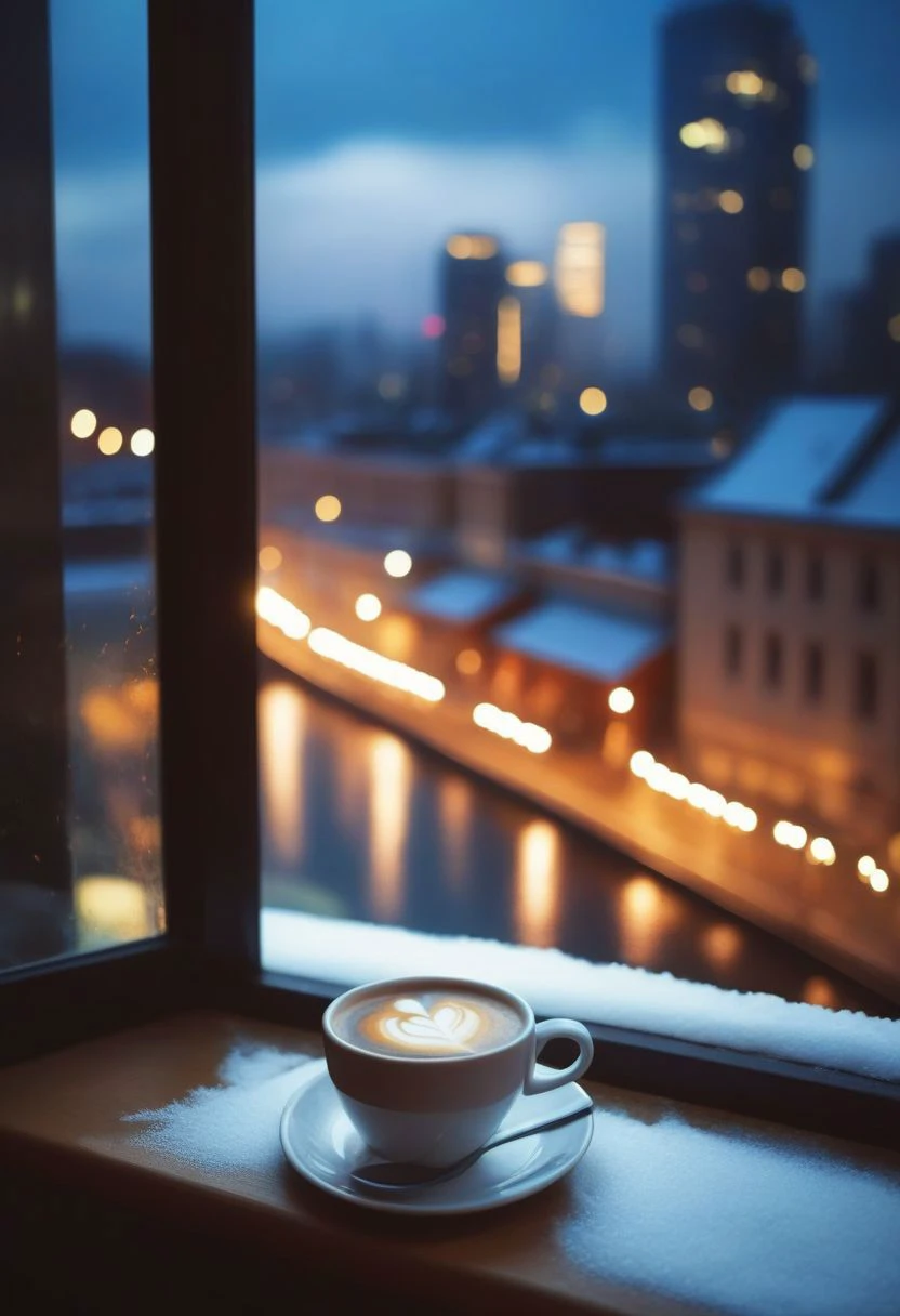 the view from the window to the night city, there is a beautiful cup of hot coffee on the windowsill, steam is coming from the coffee