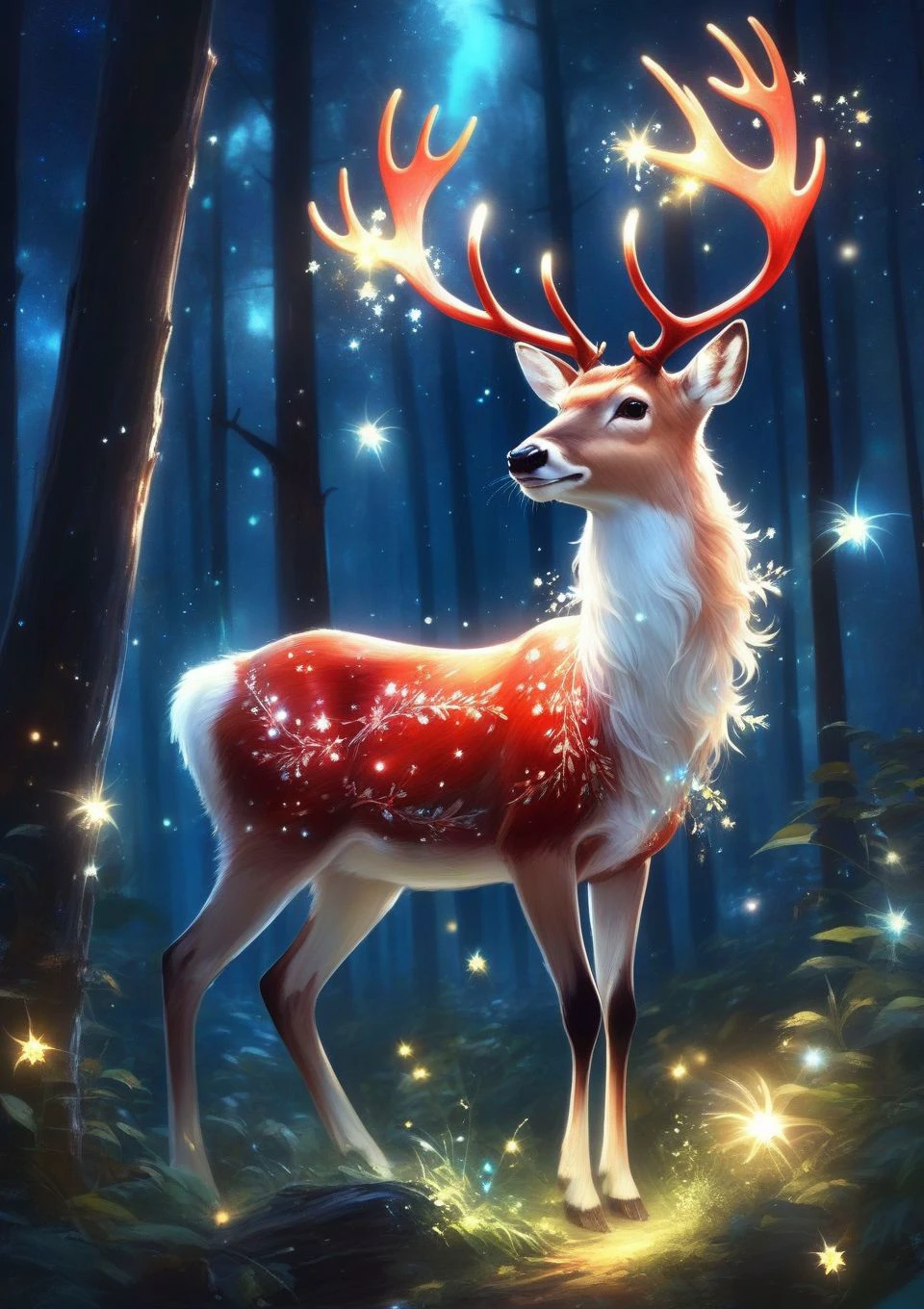 beautiful magical, red reindeer, transparent, glowing dear, magic forest, pretty magnificent white dear, glowing forest, starrly night, beautiful features, beautiful pose, middle of the forest, fireflies, starry sky, portrait, splash art, royo