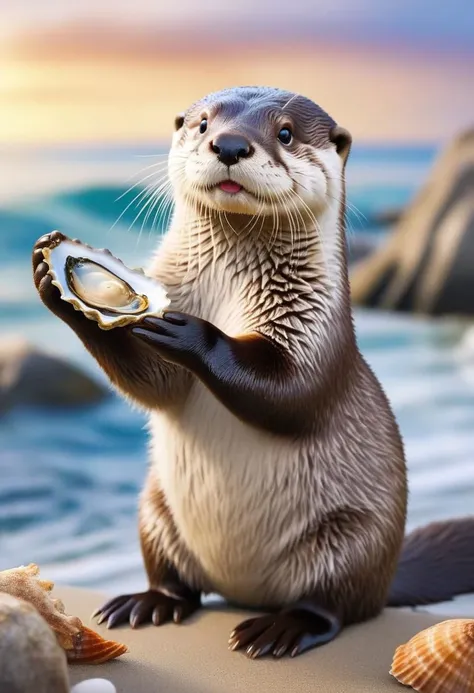 masterpiece, best quality, ((a cute otter offering viewer an oyster)), detailed background, ocean, beach, detailed fur