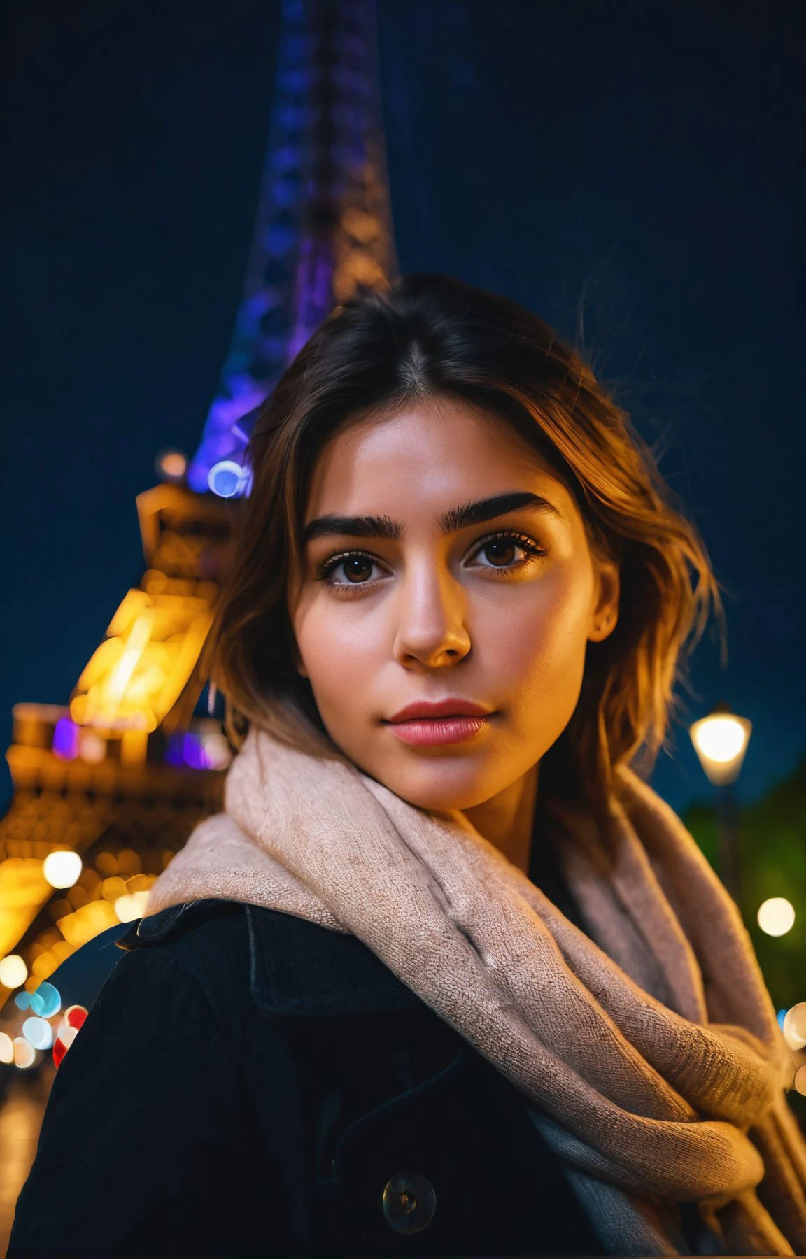 1girl, beautiful, paris, eiffel, night, looking at the viewer, masterpiece, best quality, high resolution, 8k, sharp focus, cinematography, cinematic lighting, movie scene, muted colors, professional, depth of field, photorealistic, magnificent, maximum details, (RAW, dslr, hdr, highest quality), smooth, roughness, hyper realistic, film grain, bokeh, epic, dramatic