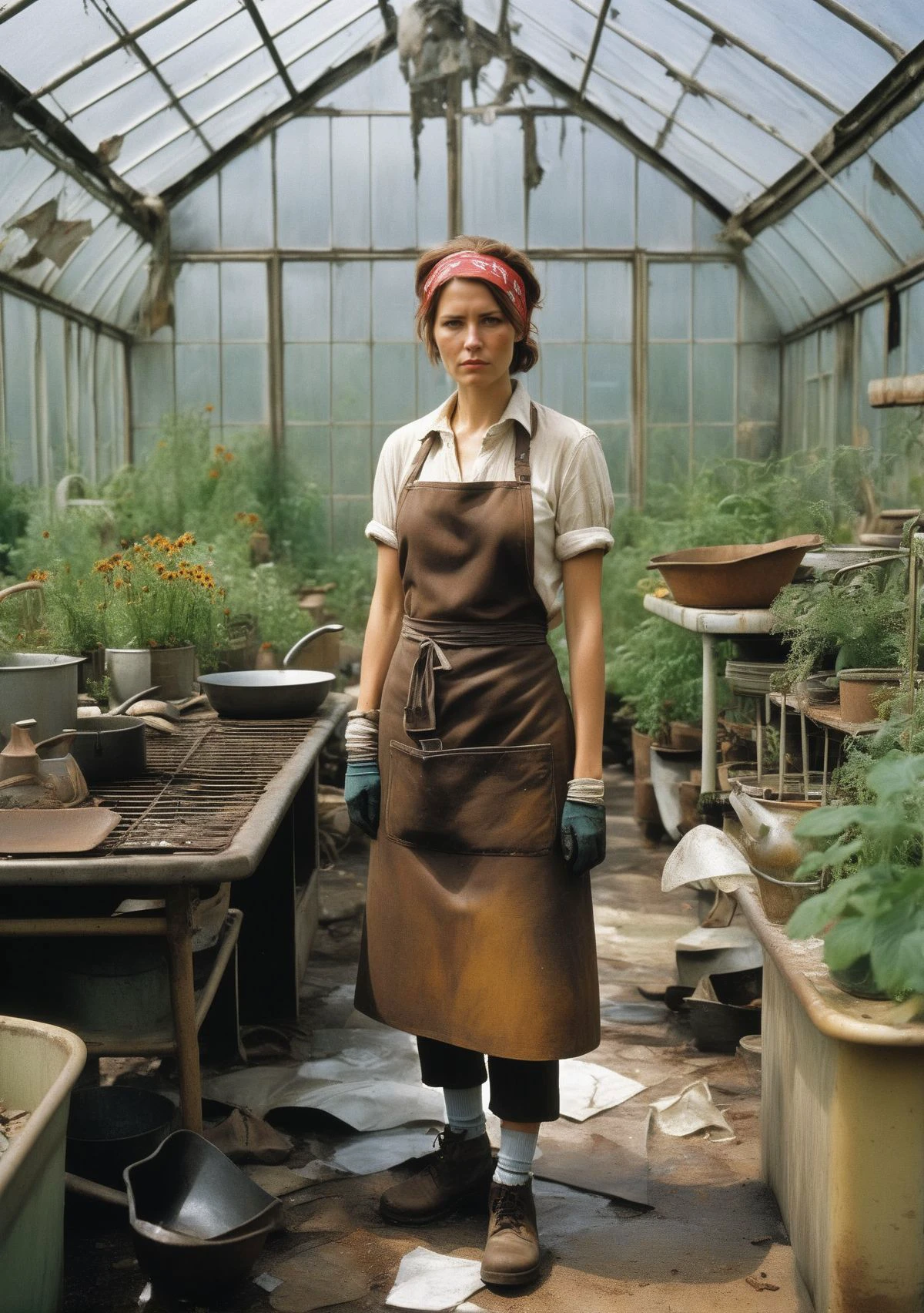a woman, Post-apocalyptic, shabby Cook's Attire: Apron, bandana, rolled-up sleeves, sturdy shoes, oven mitts., With a Map, in a post-apocalyptic neglected greenhouse, shattered glass, overgrown plants, rusted tools, dried fountain., photo art by Josef Koudelka