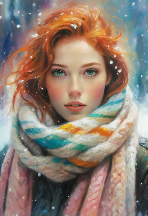 abstract expressionist painting ethereal fantasy concept art of Face behind woolly scarf, Petite redhead young Woman in snow, Freckles, face Closeup, face Hidden behind Pastel neon Striped woolly scarf, only blushed flirting eyes visible
very Detailed, awesome Quality, reflecting, luminescent, translucent, Ethereal, Aura, 80s DARK dystopian Blade Runner Flair, very detailed, uhd, masterpiece, White smoke, light beams through smoke, . magnificent, celestial, ethereal, painterly, epic, majestic, magical, fantasy art, cover art, dreamy . energetic brushwork, bold colors, abstract forms, expressive, emotional