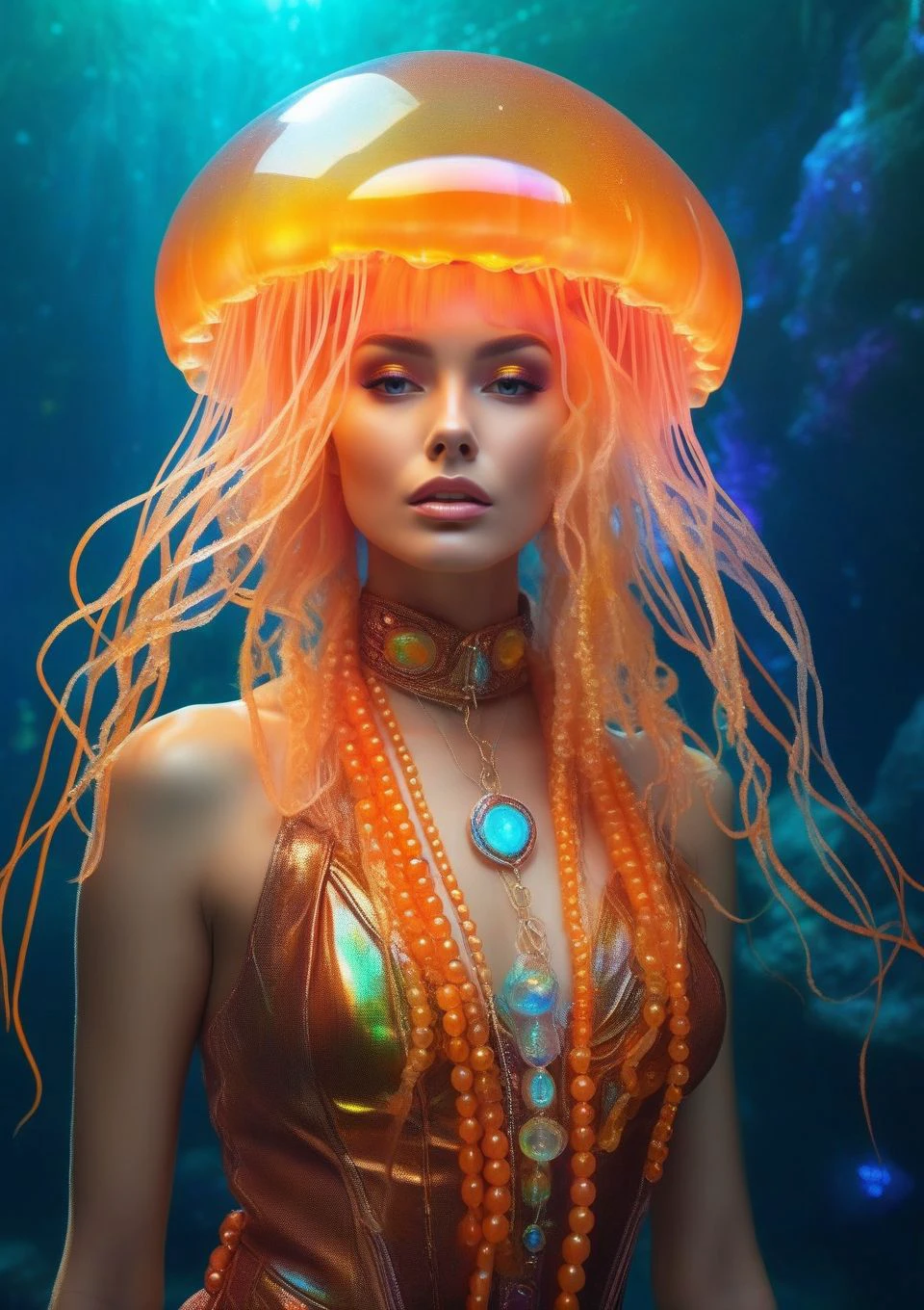 portrait of Optimism Holographic Jellyfish fiendish delight, wearing Orbital Orange, seductress leather outfit, in mystical glimmers of light mysterious island with untold treasures, oozing pus, eerie glow of an alchemist potion, agonizing scream spectral chain