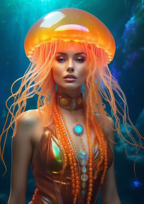 portrait of Optimism Holographic Jellyfish fiendish delight, wearing Orbital Orange, seductress leather outfit, in mystical glimmers of light mysterious island with untold treasures, oozing pus, eerie glow of an alchemist potion, agonizing scream spectral chain