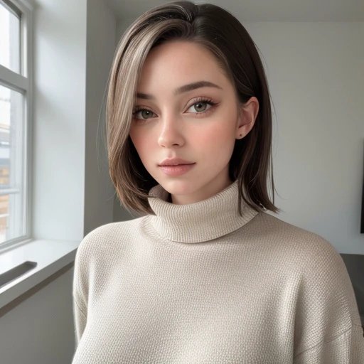 <lora:hannahrayninja_sd15_512_128_64_v1:1> 1girl solo looking at viewer wearing a turtleneck sweater epiCRealism
