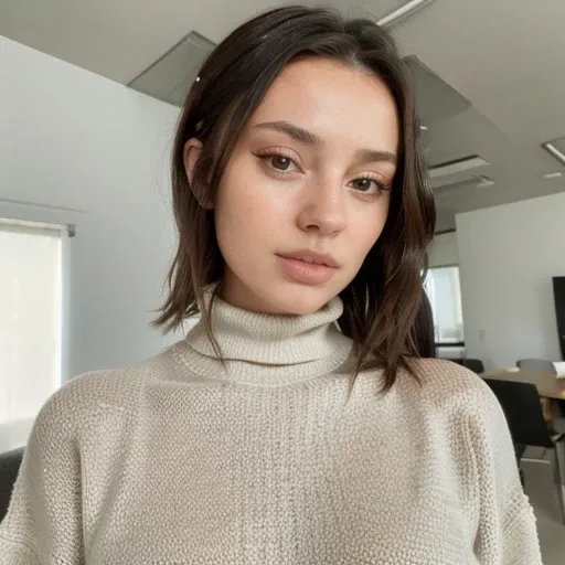 <lora:hannahrayninja_sd15_512_128_64_v1:1> 1girl solo looking at viewer wearing a turtleneck sweater epiCRealism