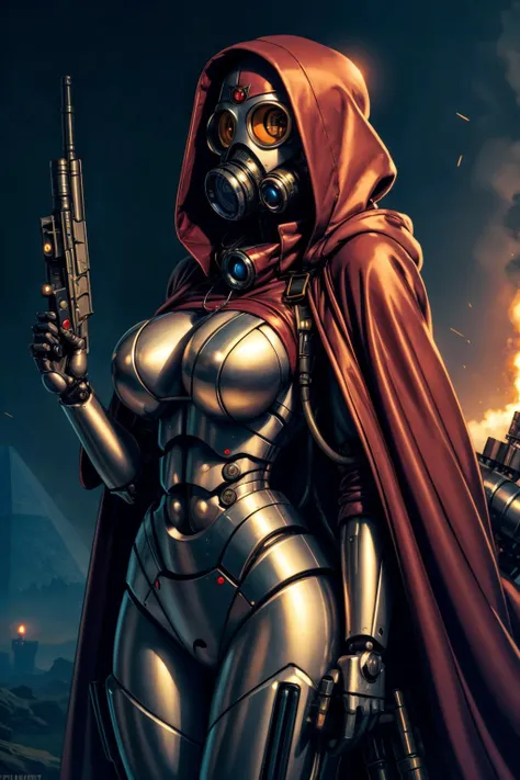 ((masterpiece,best quality)), absurdres, BREAK mechanical arms, robes, hood, BREAK ((techpriest)), cyborg, mechanical face, mechanical limbs, gas mask, mechanical tentacles, (mechanical backpack), red cloak, BREAK 1other, solo, holding gun, weapon, gun, firearm, BREAK (egypt),,<lora:th3p1t_v3:0.5> th3p1t, <lora:more_details:0.8>