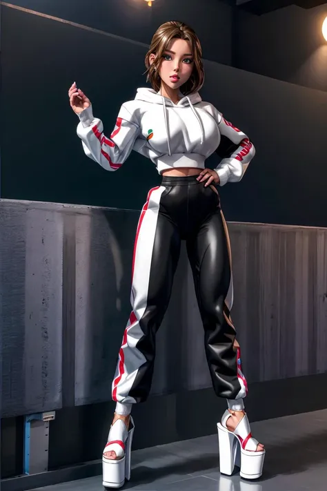 masterpiece, best quality, CG, wallpaper, HDR, high-definition, detailed, High quality, 1girl, ((Full body)), standing, symmetrical face, looking at viewer, woman, platform heels,<lora:more_details:0.8> <lora:th3p1t_b:0.6> th3p1t <lora:perfect hands:1>
<lora:tr4cksu1t:0.7> tr4cksu1t, full body, white footwear, white/black pants, white/black sweater, graffiti