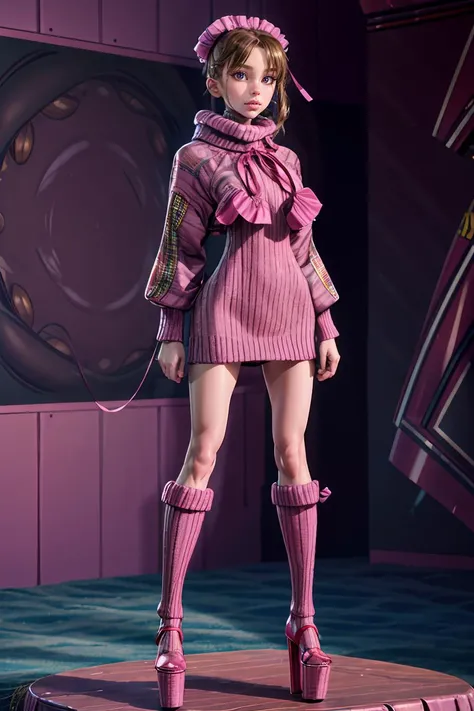 <lora:pl41dkn1t:0.8>, pl41dkn1t, long sleeves, ribbon, sweater, neck ribbon, turtleneck, pink dress, frills,,,,masterpiece, best quality, CG, wallpaper, HDR, high-definition, detailed, High quality, 1girl, ((Full body)), standing, symmetrical face, looking at viewer, woman, platform heels,<lora:more_details:0.8> <lora:th3p1t_b:0.6> th3p1t <lora:perfect hands:1>