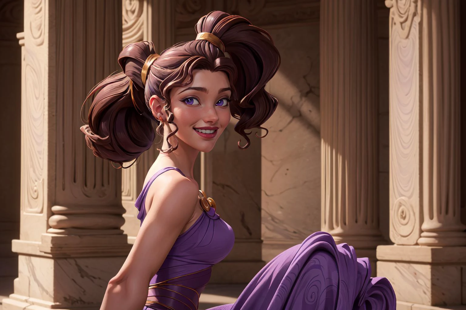 (masterpiece:1.2), (best quality:1.2), high quality, absurdres, ultra-detailed, vibrant colors, perfect lighting, dance hall, looking at viewer, megara, ponytail, brown hair, long hair, bare shoulders, long purple dress, smiling, marble statues <lora:sxz-megara:0.8>