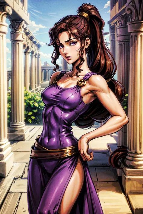 thick outlines, anime, photorealistic, perfect hands, masterpiece:1.2, greek palace, mythology, 1 girl, solo, skiny, tall, <lora:sxz-megara-allnew:0.6>, brown hair, ponytail, long hair, purple eyes, bare shoulders, long purple dress, medium breast, small waist, detailed background, detailed face, detailed eyes, <lora:add_detail:0.5>