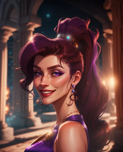 1girl, beautiful megara dancing, bare shoulders, long purple dress, ancinet greece square, smile, blush, volumetric lighting, best quality, masterpiece, realistic <lora:sxz-megara-allnew:0.8>