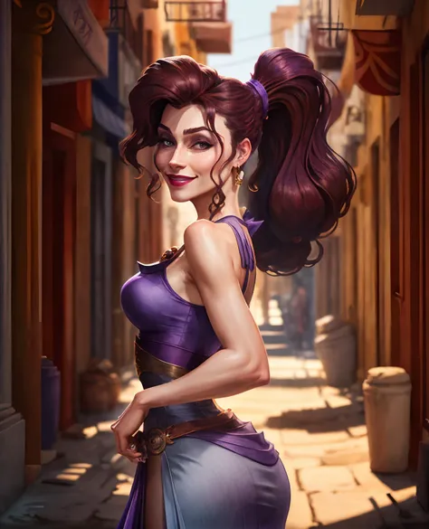 1girl, face portrait of megara, evil smile, high ponytail, long hair, bare shoulders realistic, ((best quality, masterpiece)), cowboy shot, purple dress, bare shoulders, standing, bent over, profile,greek town, streets ,(bottomless), greek interior design ,looking at viewer, warm smile, happy, volumetric lighting, <lora:sxzMegaraDisney_megara:0.75>,
