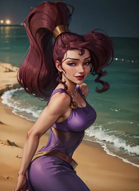 1girl, face portrait of megara, evil smile, half-closed eyes, high ponytail, long hair, bare shoulders, long purple dress, beach, sand, sea, looking at viewer, volumetric lighting, best quality, masterpiece, retro artstyle, <lora:sxz-megara-allnew:0.8>