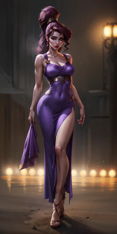 1girl, full body of beautiful megara, bare shoulders, long purple dress, looking at viewer, volumetric lighting, best quality, masterpiece, realistic <lora:sxz-megara-allnew:0.8>