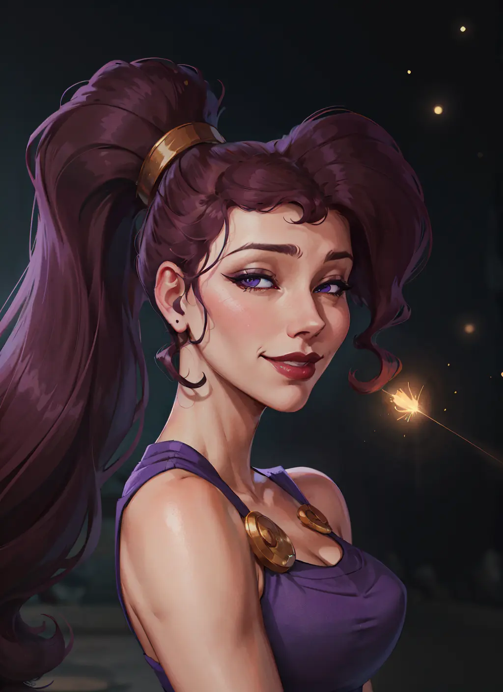 1girl, face portrait of megara, evil smile, half-closed eyes, high ponytail, long hair, bare shoulders, long purple dress, night, particles, spoken heart, torch, looking at viewer, volumetric lighting, best quality, masterpiece, retro artstyle, <lora:sxz-megara-allnew:0.8>