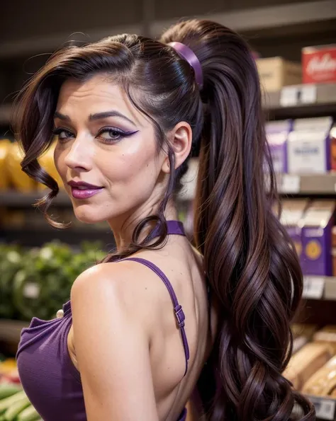 closeup photo of an adult supermodel woman face, megara working in grocery store, evil smile, half-closed eyes, high ponytail, long hair, bare shoulders, long purple dress, blushing, pouting expression, single eyebrow raised, eye shadow, black lipstick, pierced eyebrow, sexy face <lora:sxz-megara:0.8> <lora:add_detail:0.3>