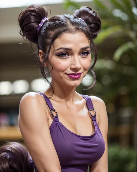 closeup photo of an adult supermodel woman face, megara working in grocery store, evil smile, half-closed eyes, high ponytail, long hair, bare shoulders, long purple dress, blushing, pouting expression, single eyebrow raised, eye shadow, black lipstick, pierced eyebrow, sexy face <lora:sxz-megara:0.8> <lora:add_detail:0.3>