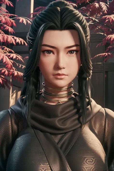 (day),a tree filled with red leaves in autumn,
Standing at attention,
Black outfit,black jacket,red scarf,
<lora:Xiao_Meng_Ravages-KK77-V1:0.7>,realistic,
long hair,black hair,forehead,
<lora:more_details:0.1>,
1 girl, 20yo,Young female,Beautiful Finger,Beautiful long legs,Beautiful body,Beautiful Nose,Beautiful character design, perfect eyes, perfect face,expressive eyes,perfect balance,
looking at viewer,(Focus on her face),closed mouth, (innocent_big_eyes:1.0),Light_Smile,
official art,extremely detailed CG unity 8k wallpaper, perfect lighting,Colorful, Bright_Front_face_Lighting,shiny skin,
(masterpiece:1.0),(best_quality:1.0), ultra high res,4K,ultra-detailed,
photography, 8K, HDR, highres, absurdres:1.2, Kodak portra 400, film grain, blurry background, bokeh:1.2, lens flare, (vibrant_color:1.2),professional photograph,
(Beautiful,large_Breasts:1.4), (beautiful_face:1.5),(narrow_waist),