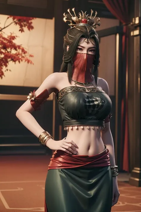 (day),a tree filled with red leaves in autumn,
Standing at attention,
Green costume,weird mask on her face,Crown,
<lora:Xiao_Meng_Ravages-KK77-V1:0.7>,realistic,
long hair,black hair,forehead,
<lora:more_details:0.1>,
1 girl, 20yo,Young female,Beautiful Finger,Beautiful long legs,Beautiful body,Beautiful Nose,Beautiful character design, perfect eyes, perfect face,expressive eyes,perfect balance,
looking at viewer,(Focus on her face),closed mouth, (innocent_big_eyes:1.0),Light_Smile,
official art,extremely detailed CG unity 8k wallpaper, perfect lighting,Colorful, Bright_Front_face_Lighting,shiny skin,
(masterpiece:1.0),(best_quality:1.0), ultra high res,4K,ultra-detailed,
photography, 8K, HDR, highres, absurdres:1.2, Kodak portra 400, film grain, blurry background, bokeh:1.2, lens flare, (vibrant_color:1.2),professional photograph,
(Beautiful,large_Breasts:1.4), (beautiful_face:1.5),(narrow_waist),