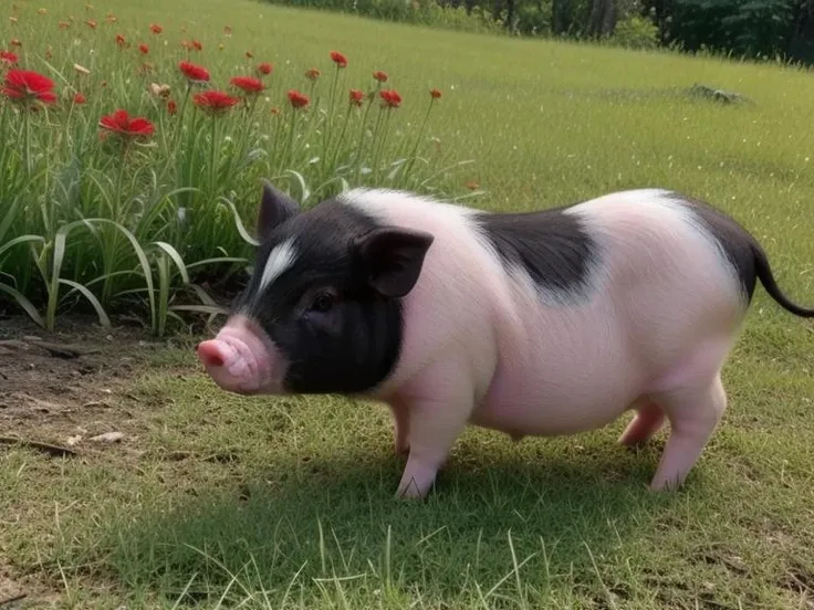 photo of body, bamaxiangzhu, a small pig standing in the grass near flowers and plants, aesthetic, perfect lighting, <lora:aixiaowangzi:0.7>