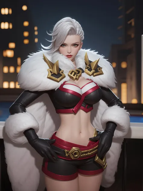 WZRYzhongwuyanYP, 1girl, solo, breasts, armor, makeup, shoulder armor, midriff, cleavage, large breasts, shorts, looking at viewer, fur trim, gloves, white hair, asymmetrical hair, belt, aqua eyes, eyeshadow, long sleeves,fur collar, <lora:WZRYzhongwuyanYP:0.75>,cityscape, night, mature female, pool,hand on hip,fur-trimmed cloak,