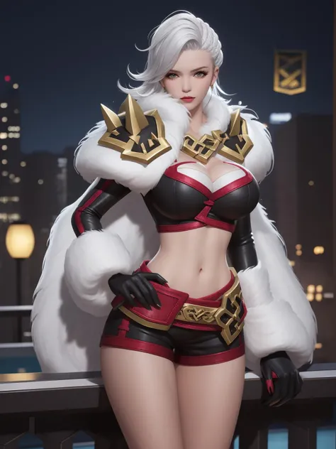 WZRYzhongwuyanYP, 1girl, solo, breasts, armor, makeup, shoulder armor, midriff, cleavage, large breasts, shorts, looking at viewer, fur trim, gloves, white hair, asymmetrical hair, belt, aqua eyes, eyeshadow, long sleeves,fur collar, <lora:WZRYzhongwuyanYP:0.75>,cityscape, night, mature female, pool,hand on hip,fur-trimmed cloak,