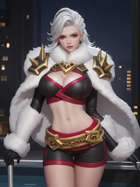 WZRYzhongwuyanYP, 1girl, solo, breasts, armor, makeup, shoulder armor, midriff, cleavage, large breasts, shorts, looking at viewer, fur trim, gloves, white hair, asymmetrical hair, belt, aqua eyes, eyeshadow, long sleeves,fur collar, <lora:WZRYzhongwuyanYP:0.75>,cityscape, night, mature female, pool,hand on hip, cloak,