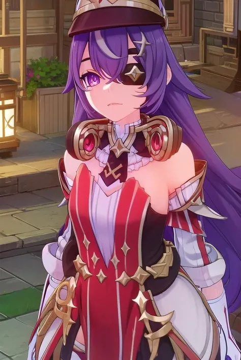 chevreuse, <lora:genshin chevreuse ingame-lora-nochekaiser:1>,
chevreuse, long hair, bangs, hair between eyes, (purple eyes:1.1), purple hair, (eyepatch:1.5),
BREAK gloves, hat, dress, bare shoulders, detached sleeves,
BREAK outdoors,
BREAK looking at viewer, (cowboy shot:1.5),
BREAK <lyco:GoodHands-beta2:1>, (masterpiece:1.2), best quality, high resolution, unity 8k wallpaper, (illustration:0.8), (beautiful detailed eyes:1.6), extremely detailed face, perfect lighting, extremely detailed CG, (perfect hands, perfect anatomy),